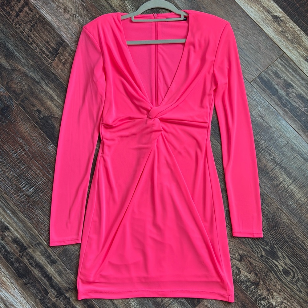 Zara Hot Pink Plunge Neck LS Mini Dress